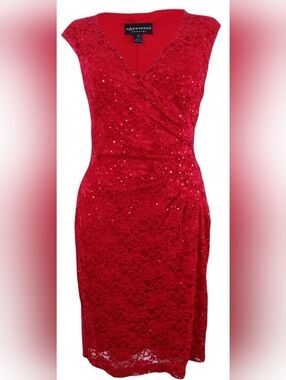 connected apparel Red Lace Sequin Midi Dress